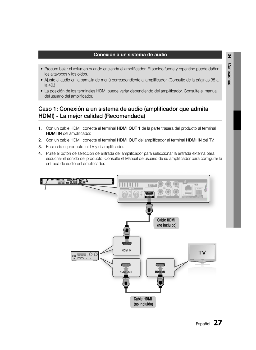 Samsung BD-D5900/ZF manual Conexión a un sistema de audio, Cable Hdmi no incluido 