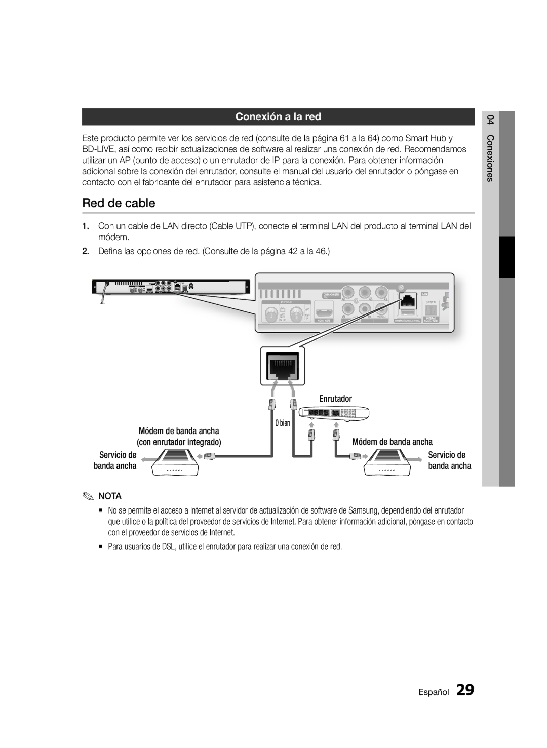 Samsung BD-D5900/ZF manual Red de cable, Conexión a la red, Servicio de 