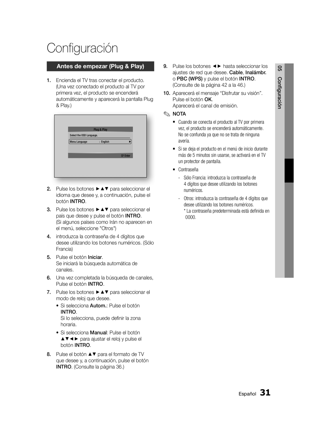 Samsung BD-D5900/ZF manual Configuración, Antes de empezar Plug & Play, `` Contraseña 