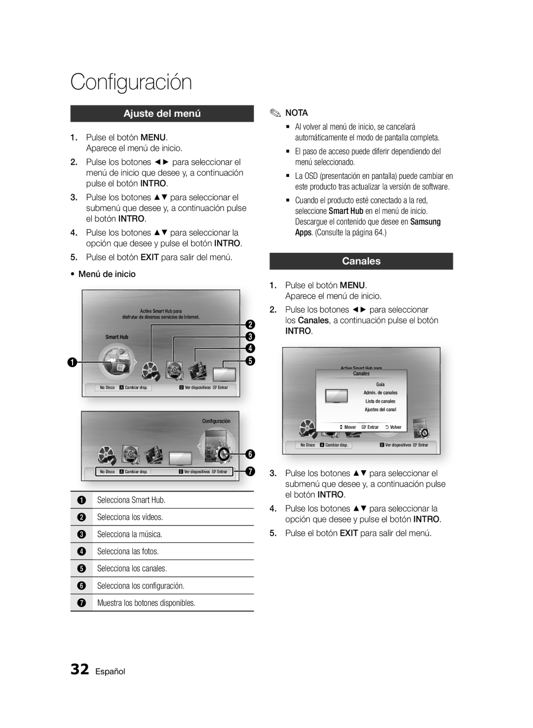 Samsung BD-D5900/ZF manual Ajuste del menú, Canales, Pulse el botón Exit para salir del menú Menú de inicio 