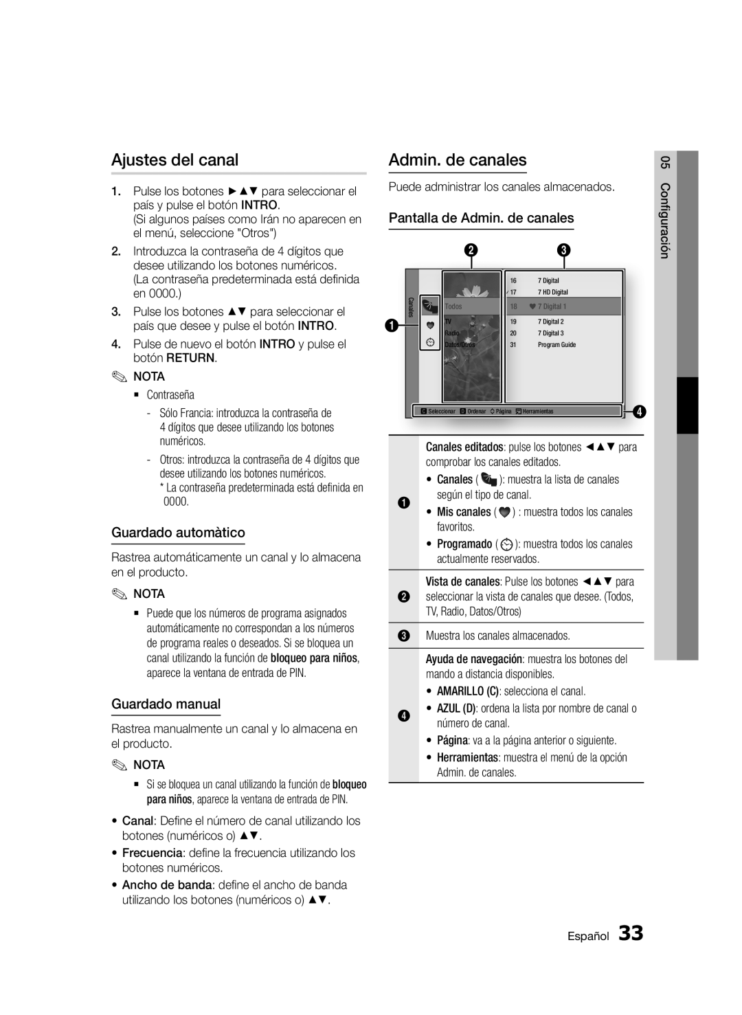 Samsung BD-D5900/ZF manual Ajustes del canal Admin. de canales, Pantalla de Admin. de canales, Guardado automàtico 