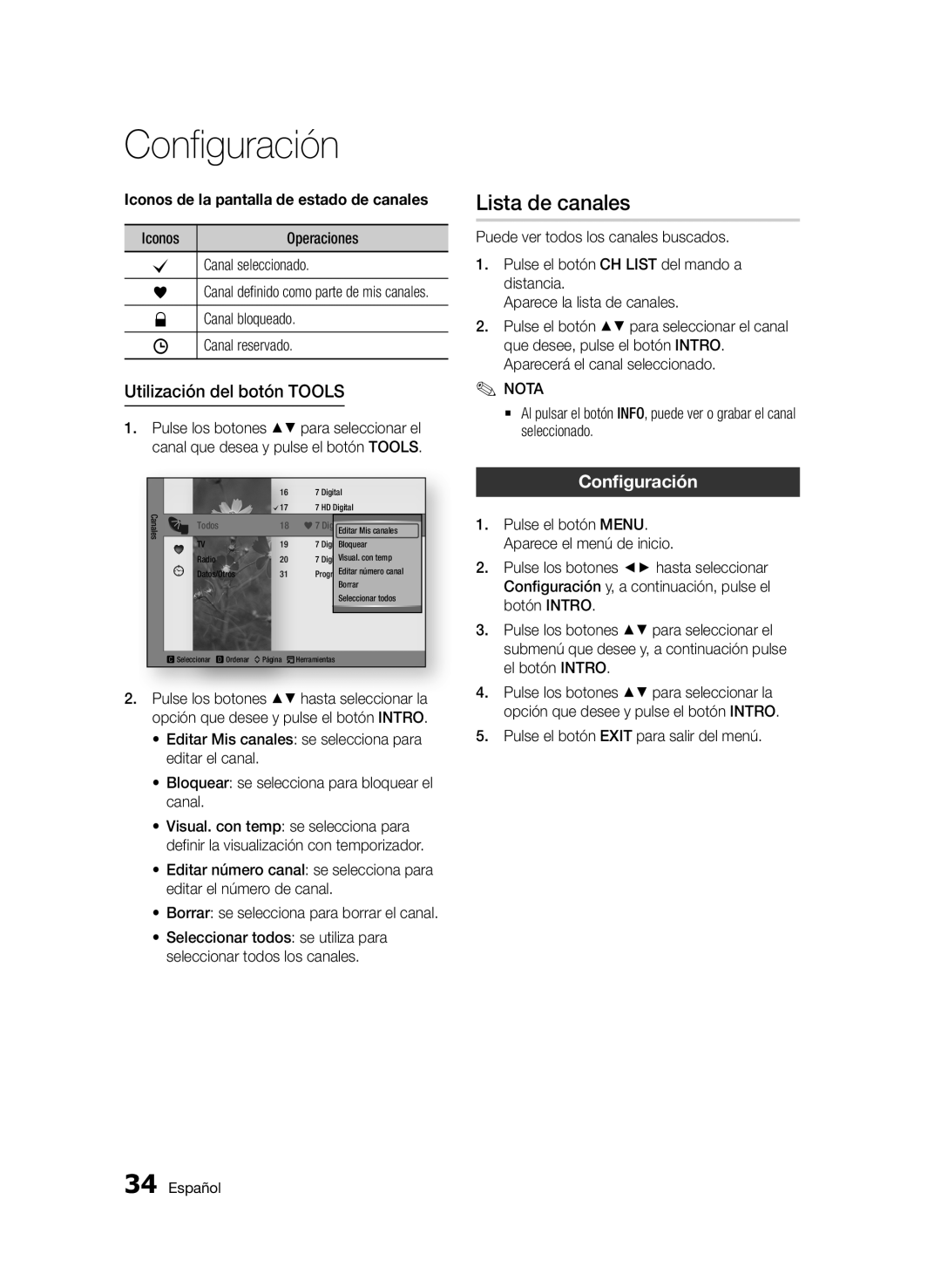 Samsung BD-D5900/ZF manual Lista de canales, Utilización del botón Tools, Configuración 