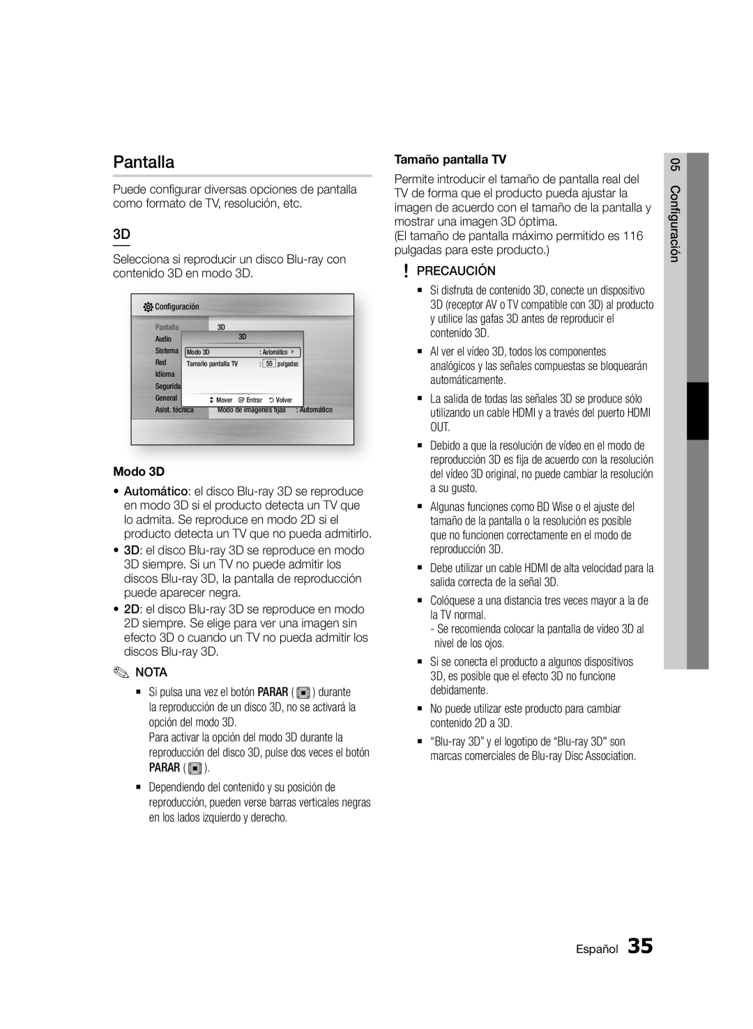 Samsung BD-D5900/ZF manual Pantalla, Modo 3D, Tamaño pantalla TV 