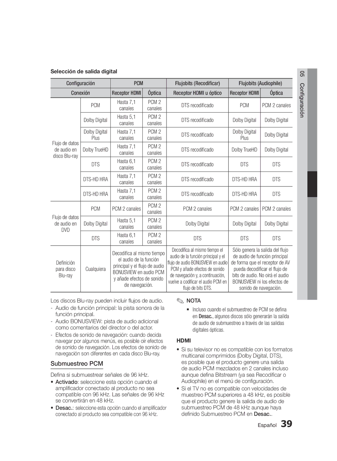 Samsung BD-D5900/ZF manual Submuestreo PCM, Selección de salida digital 