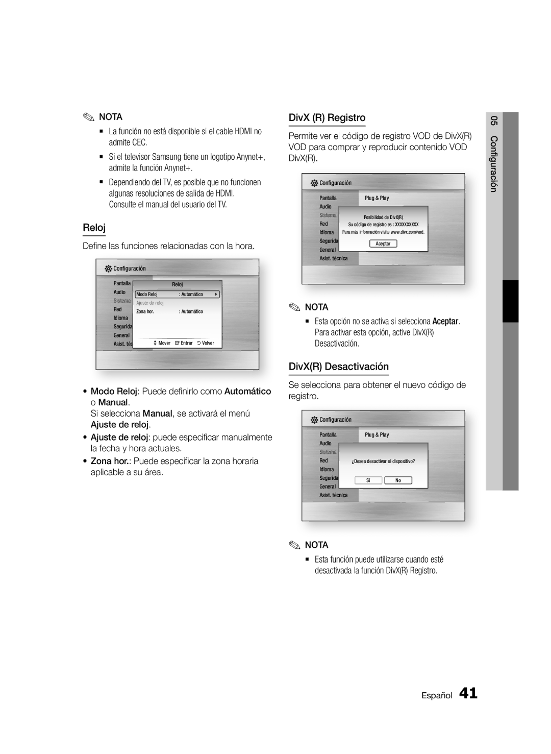 Samsung BD-D5900/ZF manual Reloj, DivX R Registro, DivXR Desactivación, Define las funciones relacionadas con la hora 