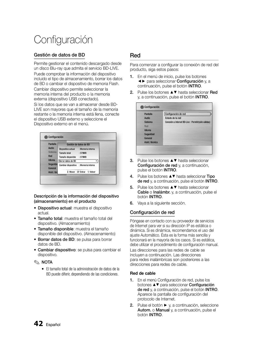 Samsung BD-D5900/ZF manual Gestión de datos de BD, Configuración de red, Red de cable 