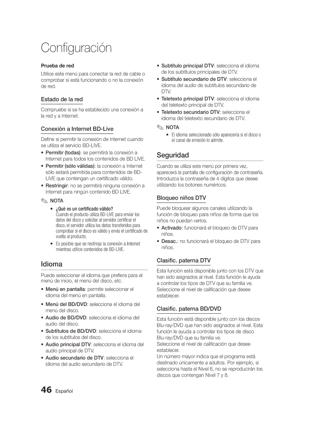 Samsung BD-D5900/ZF manual Idioma, Seguridad 