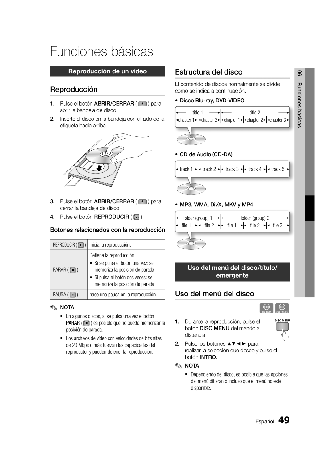 Samsung BD-D5900/ZF manual Funciones básicas, Reproducción, Estructura del disco, Uso del menú del disco 