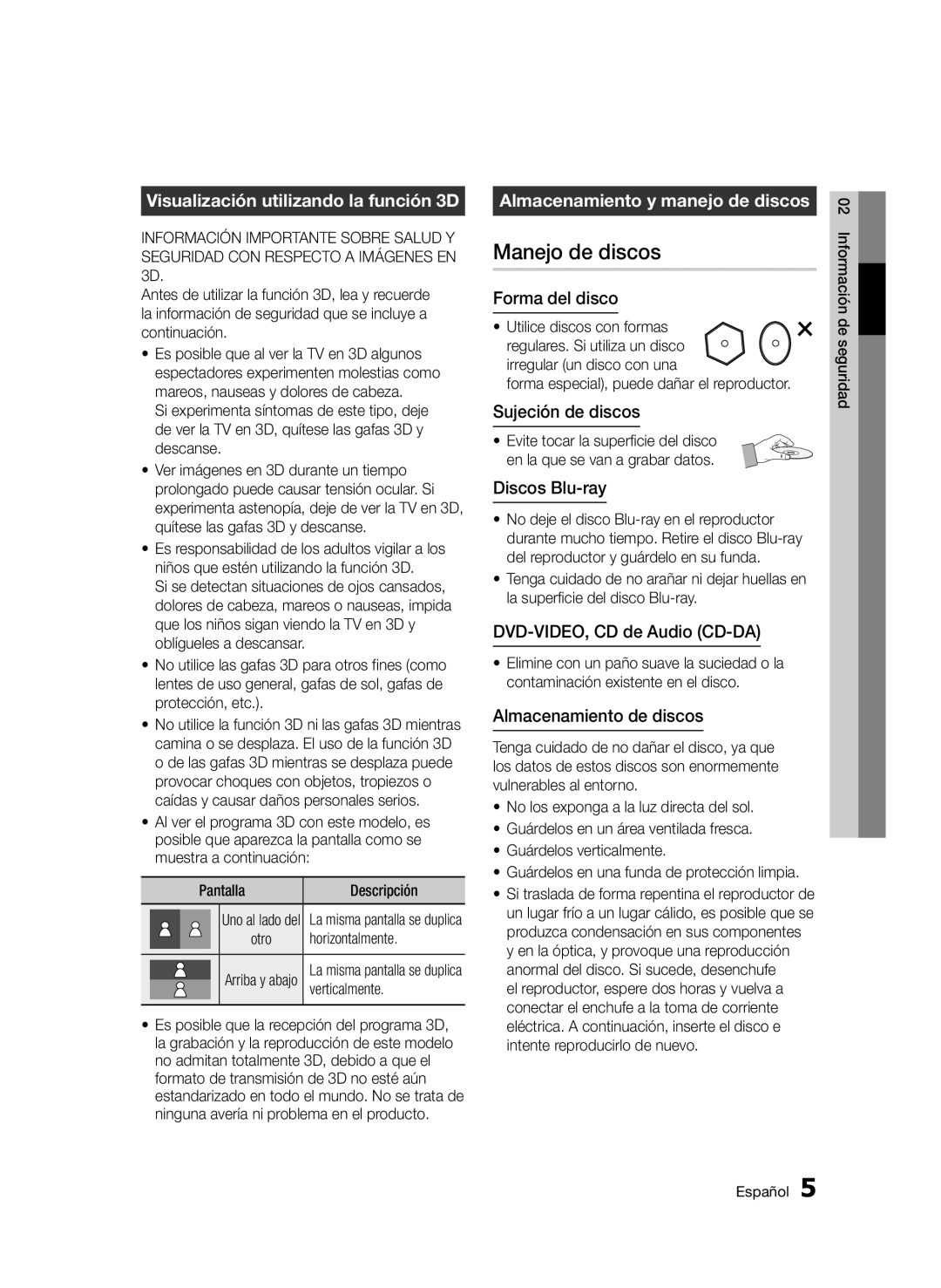 Samsung BD-D5900/ZF manual Manejo de discos, Visualización utilizando la función 3D, Almacenamiento y manejo de discos 