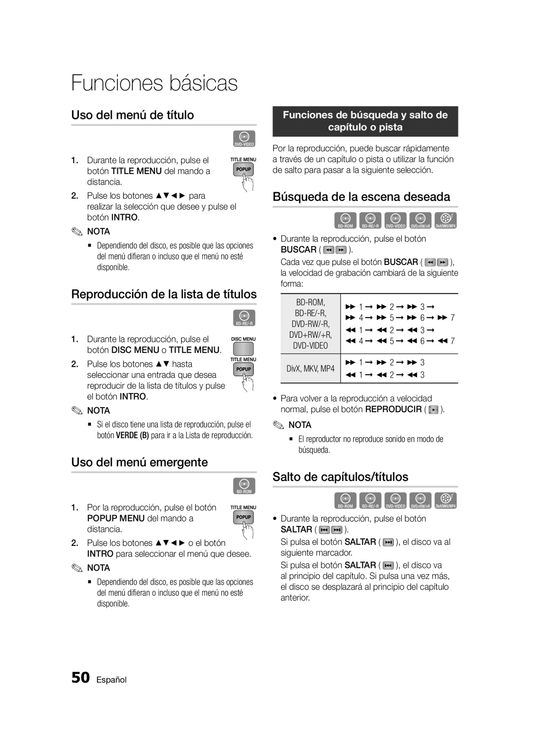 Samsung BD-D5900/ZF manual Uso del menú de título, Reproducción de la lista de títulos, Uso del menú emergente 