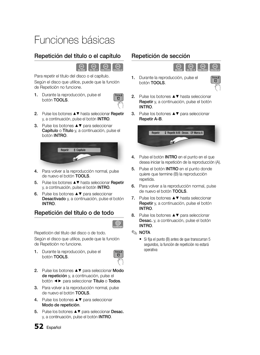 Samsung BD-D5900/ZF manual Repetición del título o el capítulo, Repetición del título o de todo, Repetición de sección 