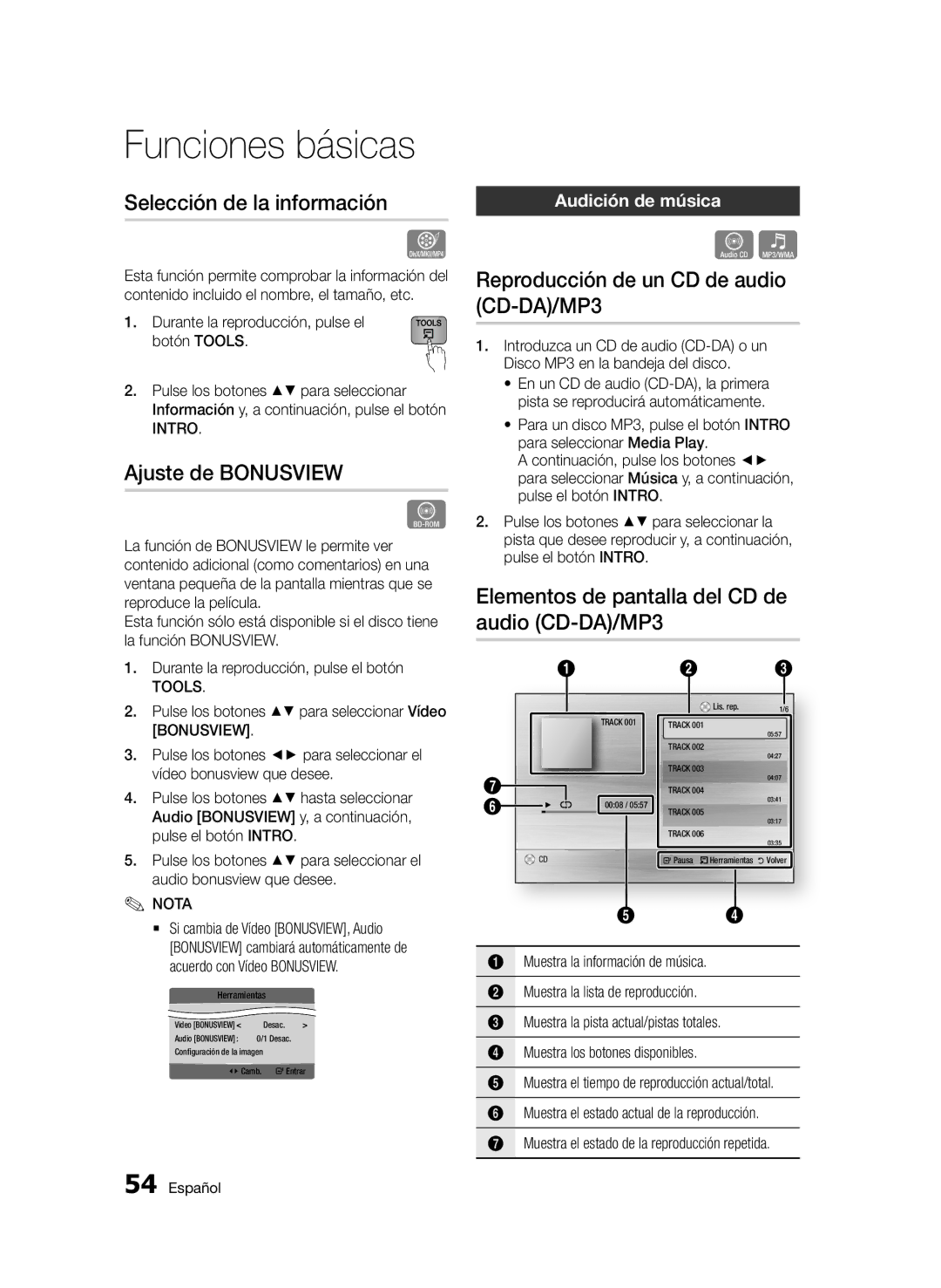 Samsung BD-D5900/ZF manual Selección de la información, Ajuste de Bonusview, Reproducción de un CD de audio CD-DA/MP3 