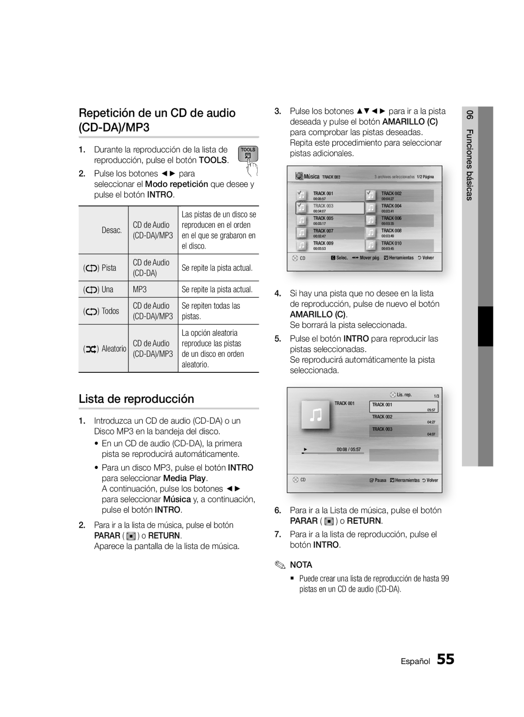 Samsung BD-D5900/ZF manual Repetición de un CD de audio CD-DA/MP3, Lista de reproducción, Cd-Da 