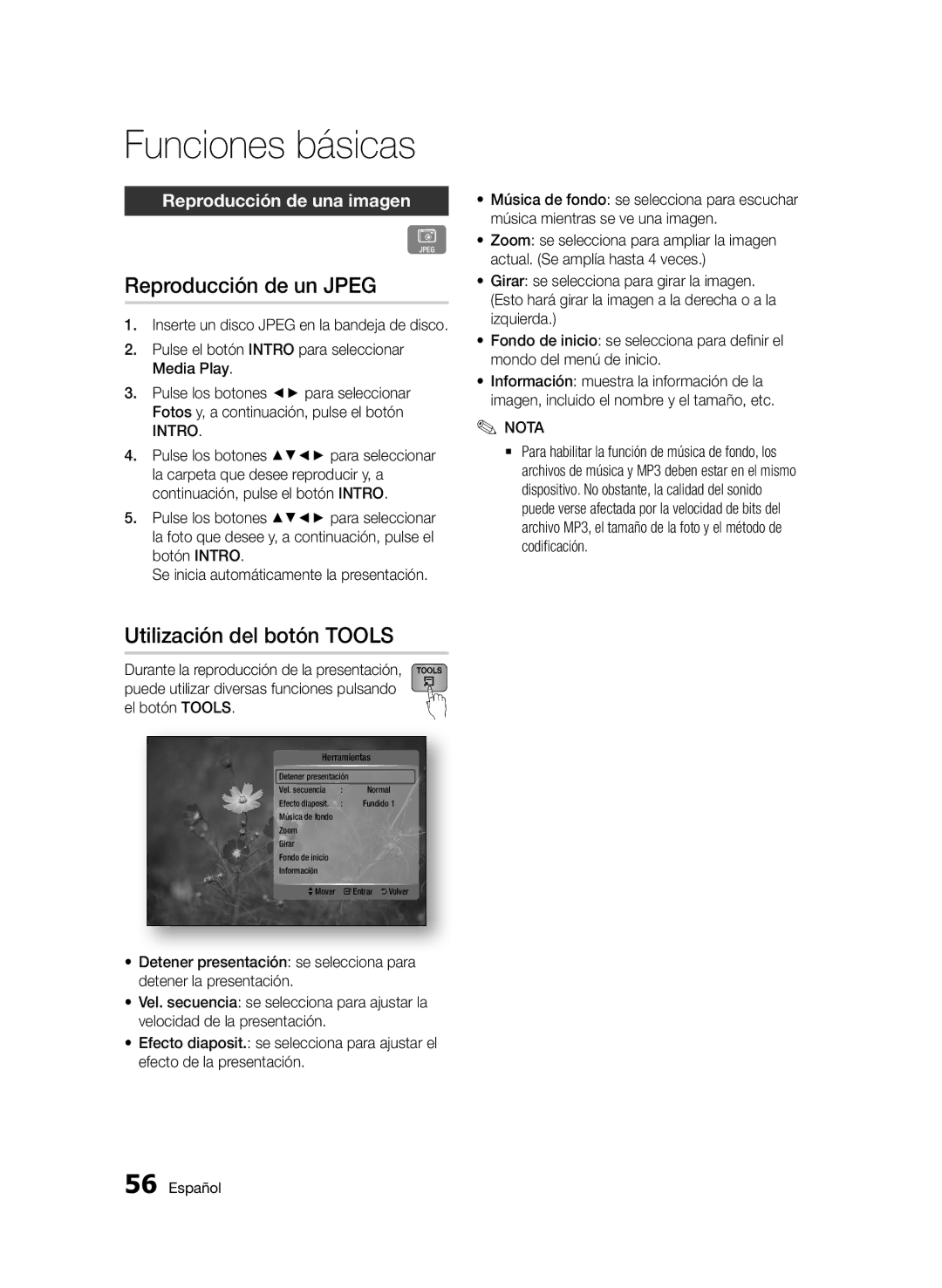 Samsung BD-D5900/ZF manual Reproducción de un Jpeg, Utilización del botón Tools, Reproducción de una imagen 