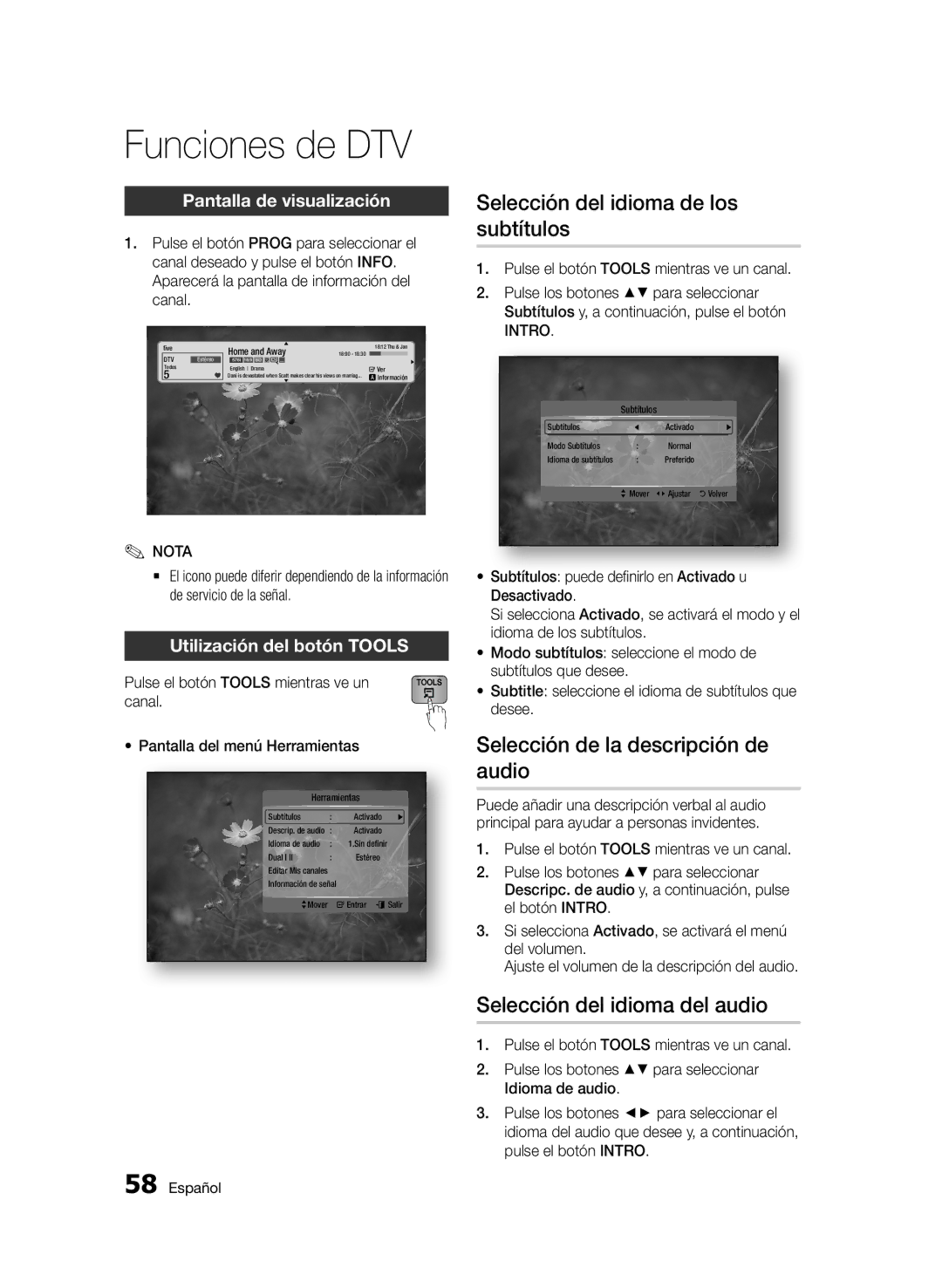 Samsung BD-D5900/ZF manual Funciones de DTV, Selección de la descripción de audio, Pantalla de visualización 