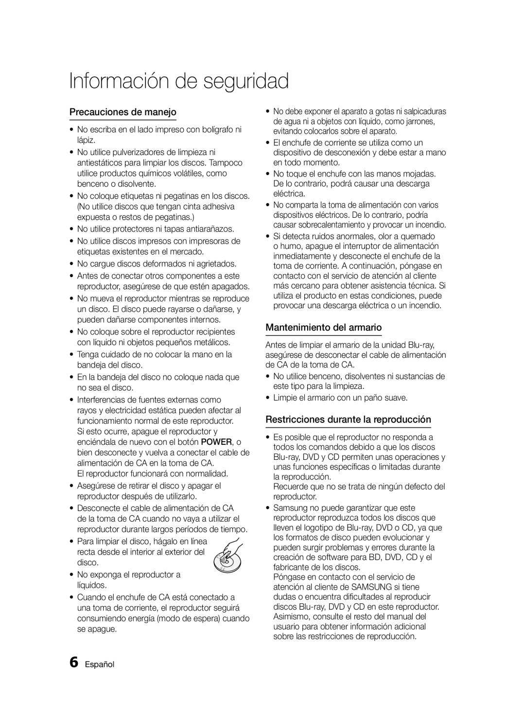 Samsung BD-D5900/ZF manual Precauciones de manejo, Mantenimiento del armario, Restricciones durante la reproducción 