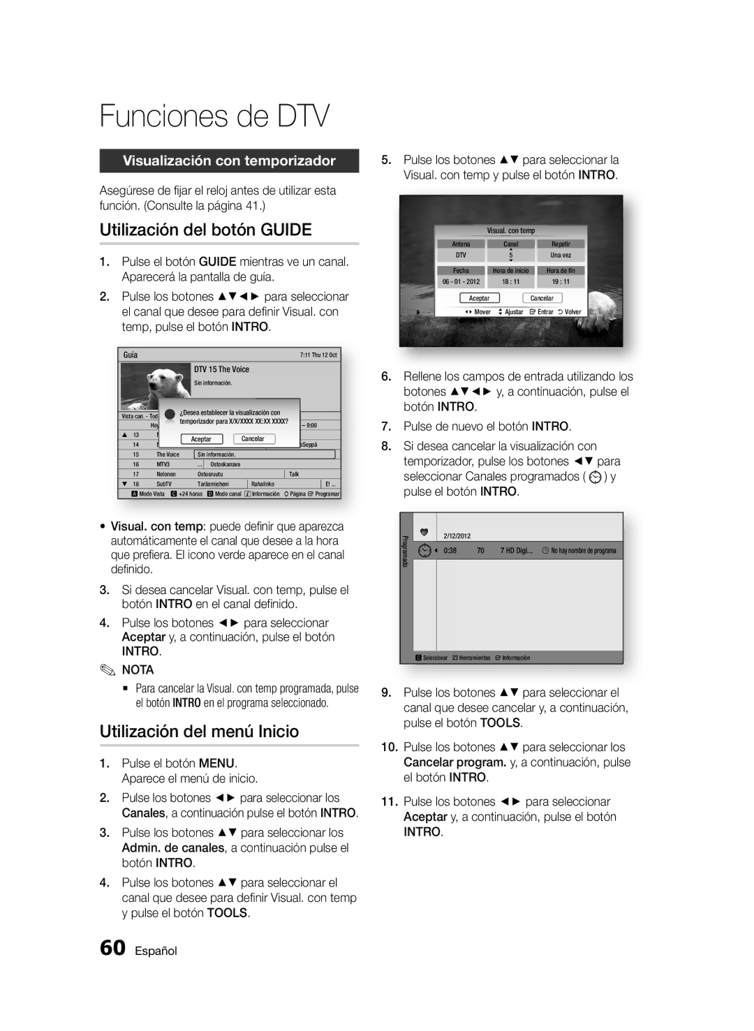 Samsung BD-D5900/ZF manual Utilización del botón Guide, Utilización del menú Inicio, Visualización con temporizador 