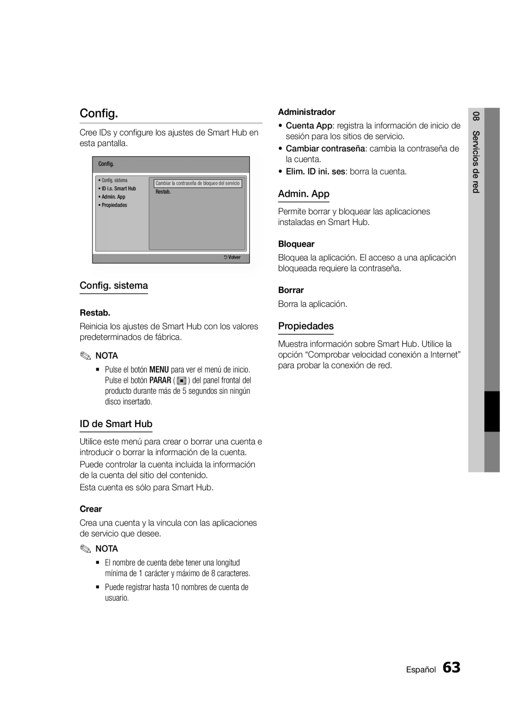 Samsung BD-D5900/ZF manual Admin. App, Config. sistema, ID de Smart Hub, Propiedades 