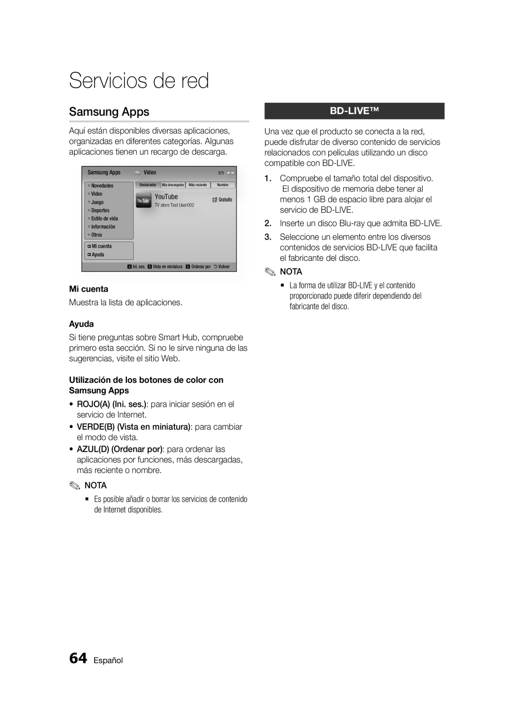 Samsung BD-D5900/ZF manual Samsung Apps, Mi cuenta, Muestra la lista de aplicaciones, Ayuda 