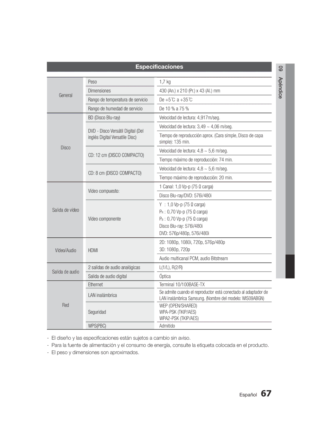 Samsung BD-D5900/ZF manual Especificaciones 