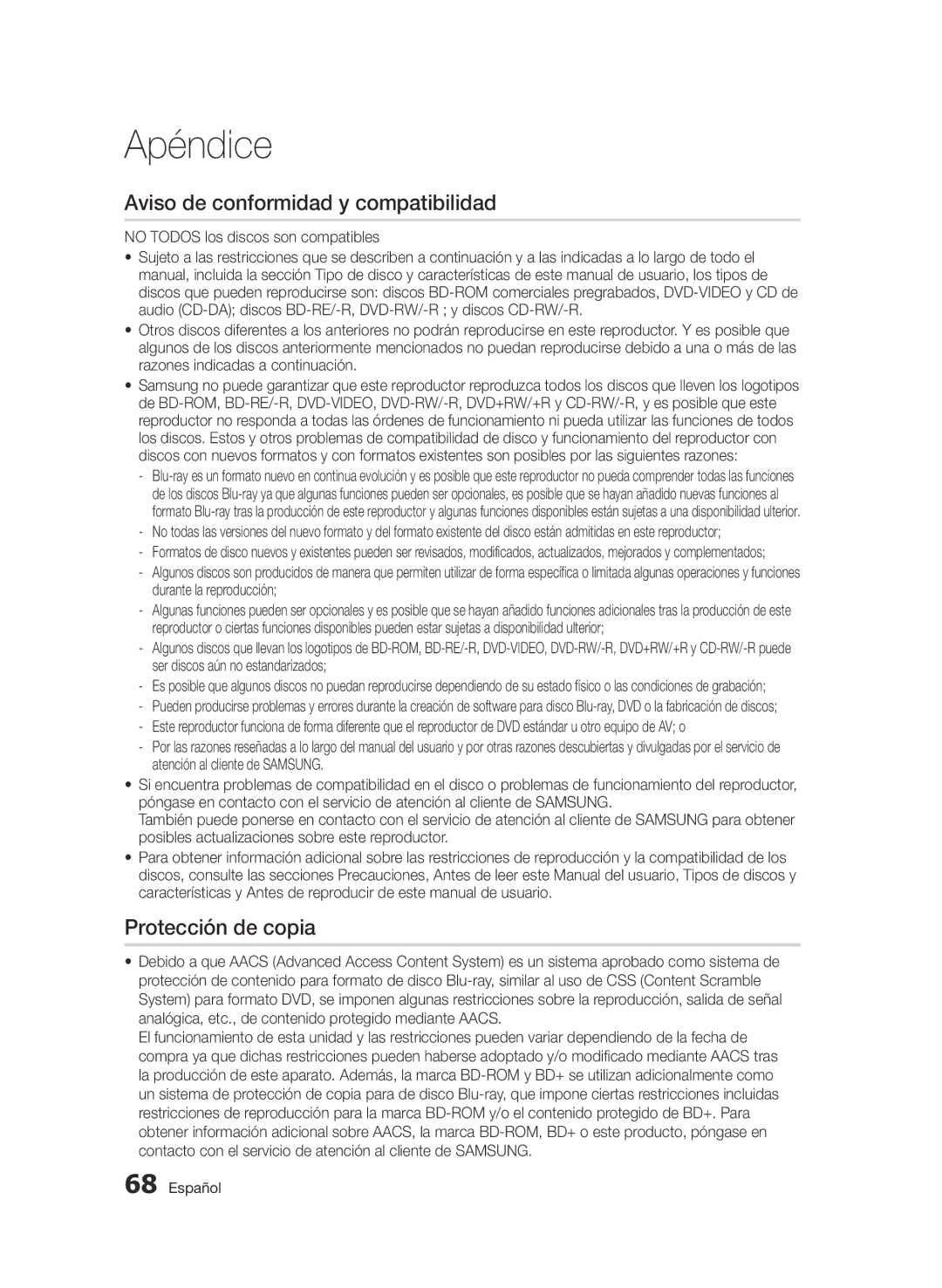 Samsung BD-D5900/ZF manual Aviso de conformidad y compatibilidad, Protección de copia 