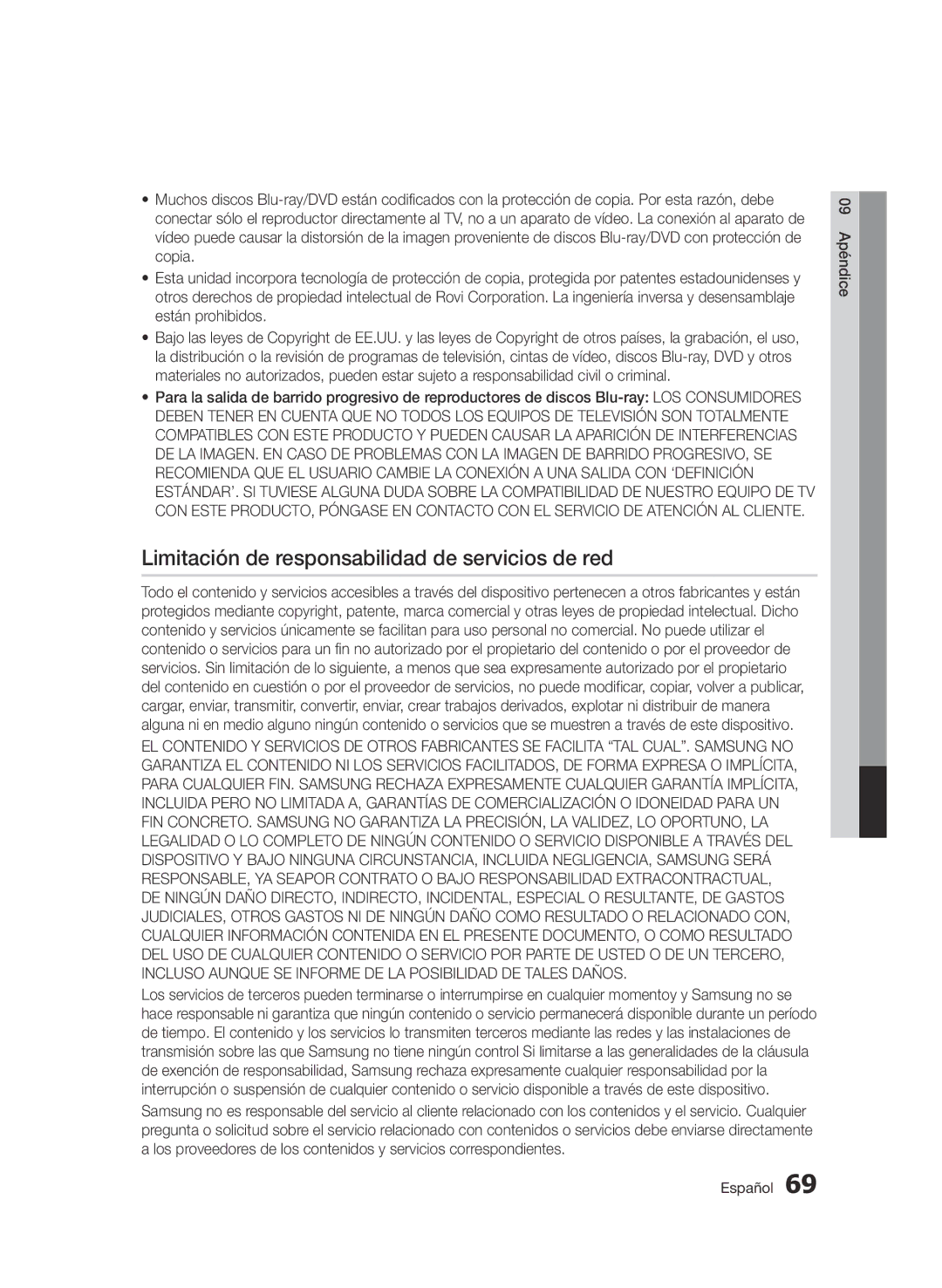 Samsung BD-D5900/ZF manual Limitación de responsabilidad de servicios de red 