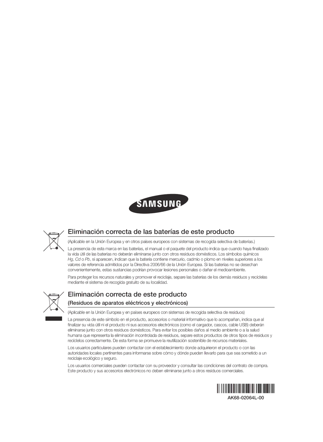 Samsung BD-D5900/ZF manual Eliminación correcta de las baterías de este producto, AK68-02064L-00 