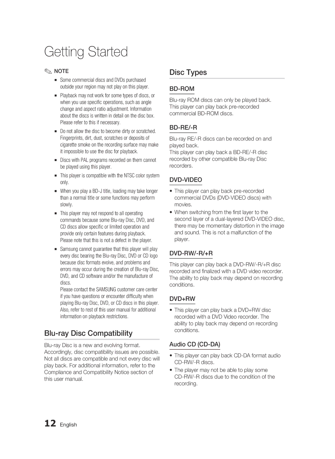 Samsung BD-D6500 user manual Blu-ray Disc Compatibility Disc Types, Audio CD CD-DA 