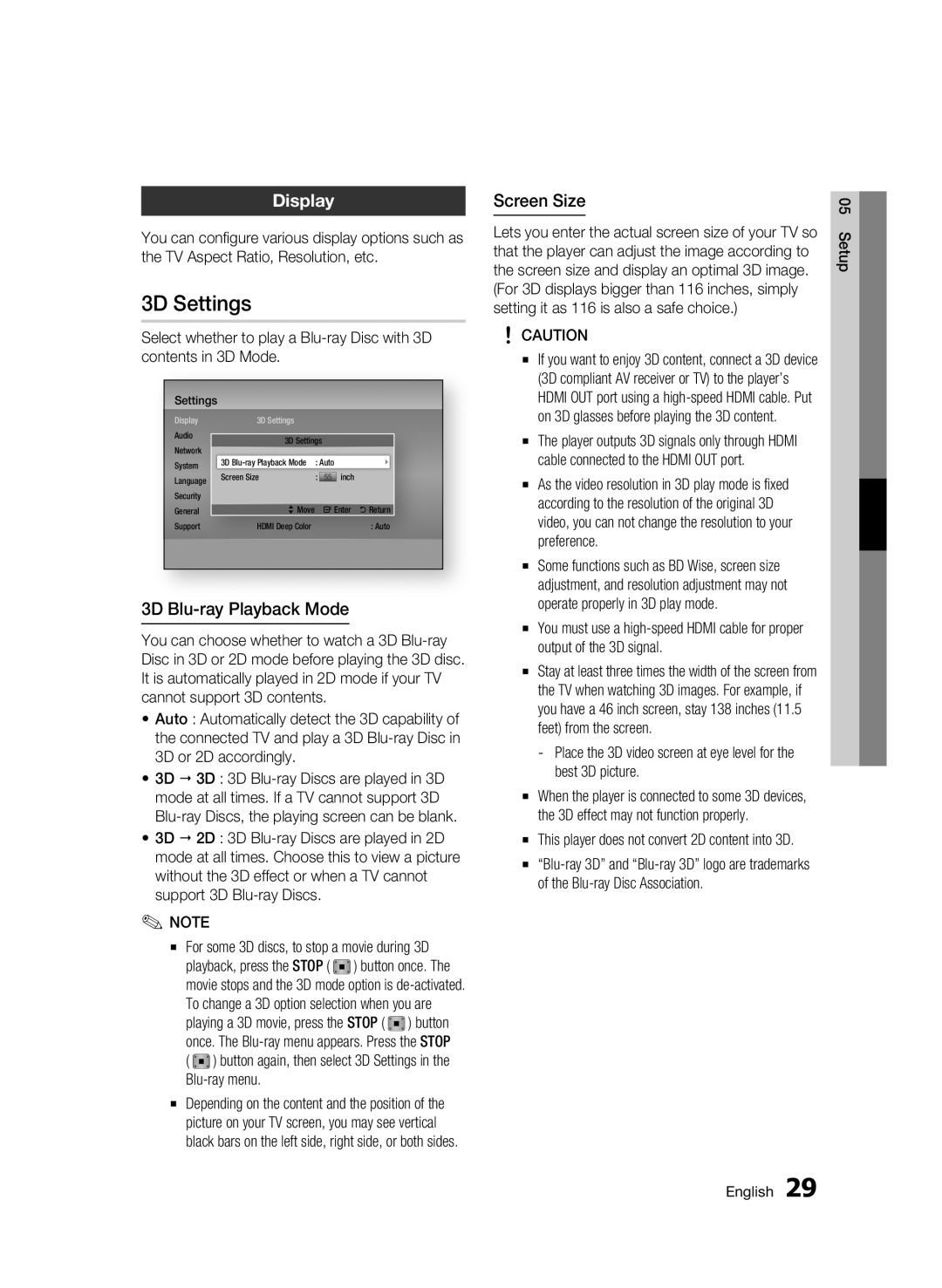 Samsung BD-D6500 user manual 3D Settings, Display, 3D Blu-ray Playback Mode, Screen Size, Blu-ray menu.The 