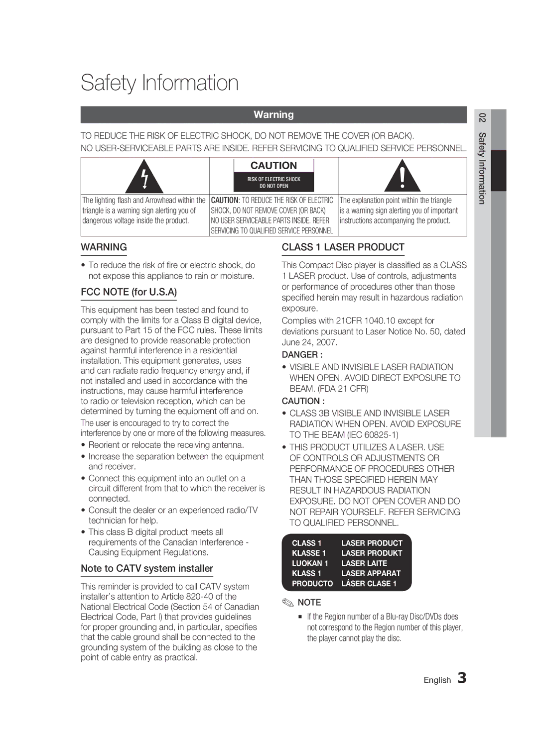 Samsung BD-D6500 user manual Safety Information, Class 1 Laser product, FCC Note for U.S.A 