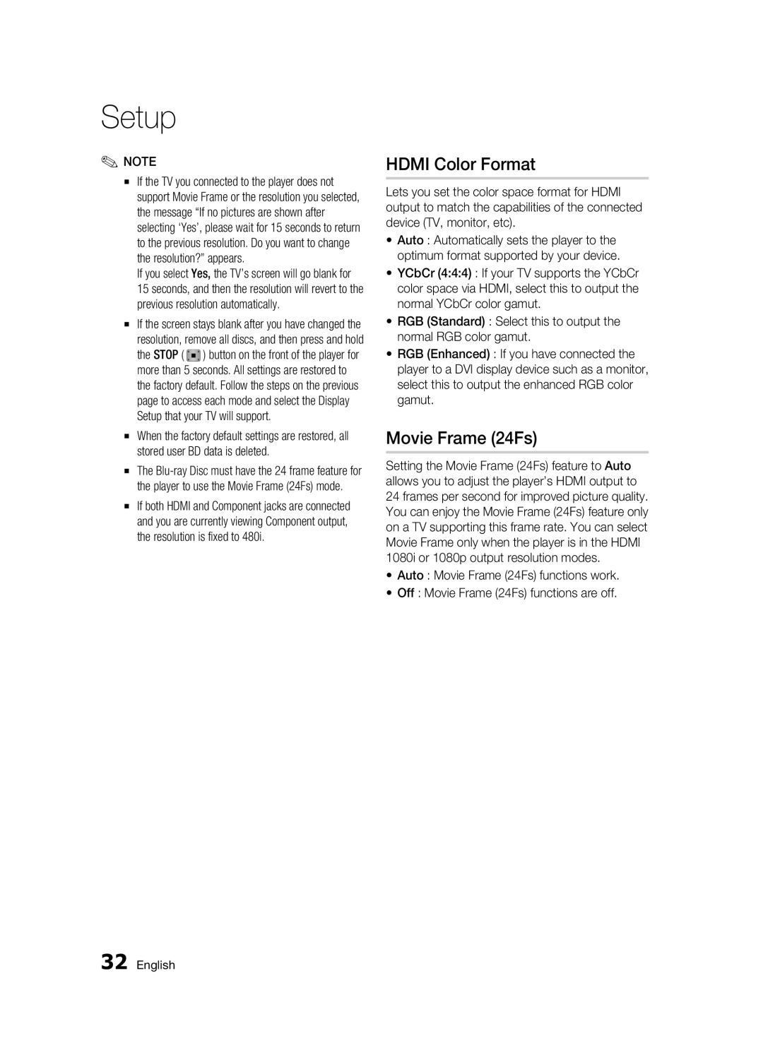 Samsung BD-D6500 user manual Hdmi Color Format, Movie Frame 24Fs 