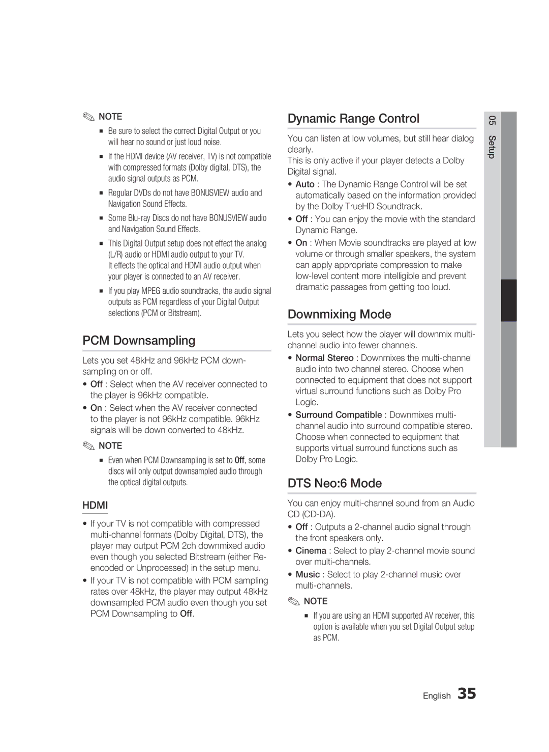 Samsung BD-D6500 user manual PCM Downsampling, Dynamic Range Control, Downmixing Mode, DTS Neo6 Mode 