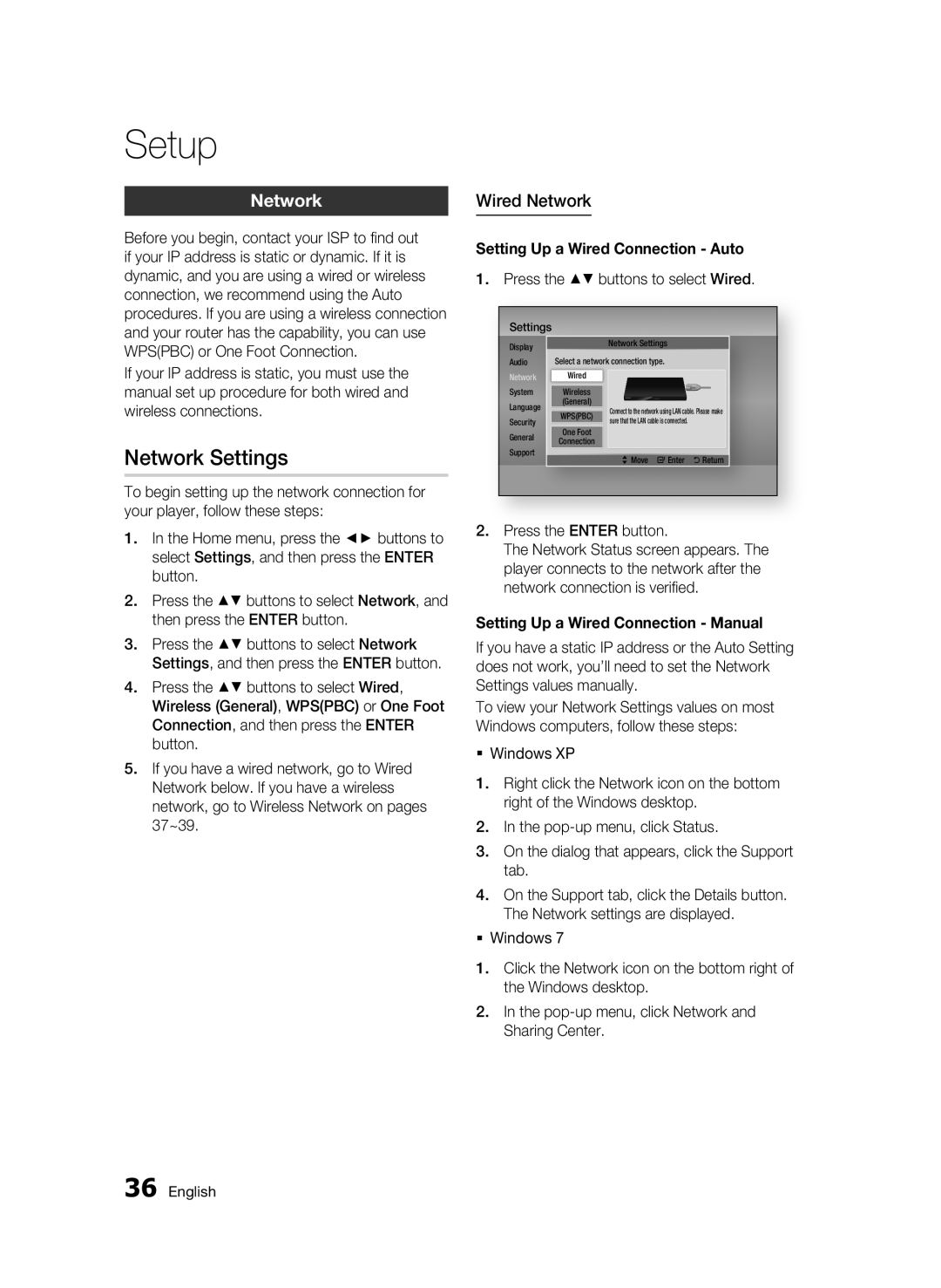 Samsung BD-D6500 Network Settings, Wired Network, Setting Up a Wired Connection Auto, Setting Up a Wired Connection Manual 