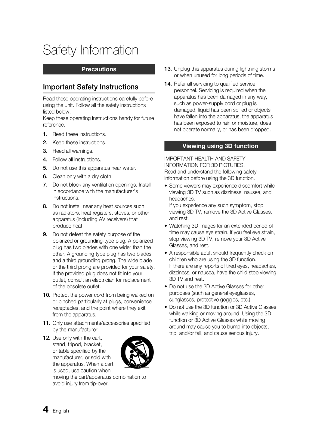 Samsung BD-D6500 user manual Important Safety Instructions, Precautions, Viewing using 3D function 