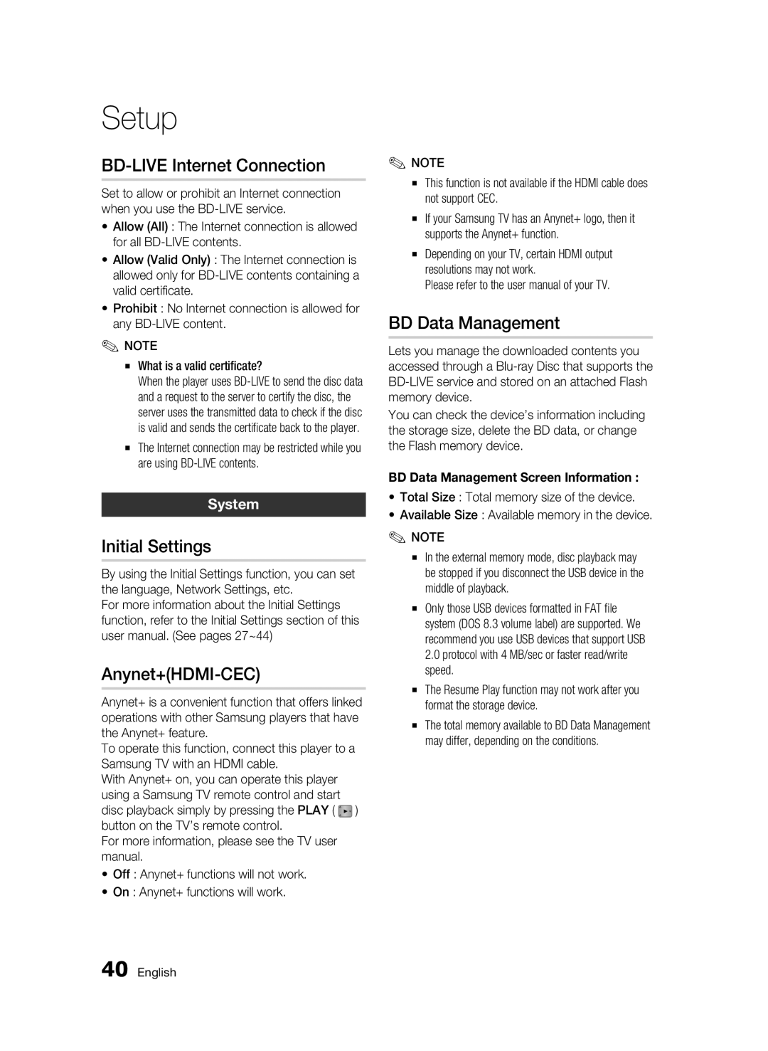 Samsung BD-D6500 user manual BD-LIVE Internet Connection, Initial Settings, Anynet+HDMI-CEC, BD Data Management, System 