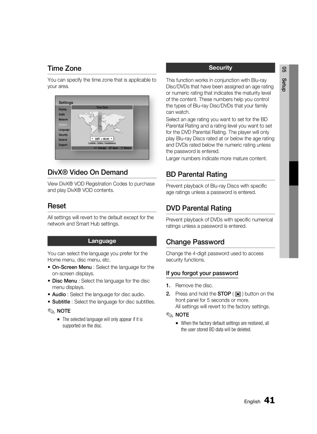 Samsung BD-D6500 Time Zone, DivX Video On Demand, Reset, BD Parental Rating, DVD Parental Rating, Change Password 