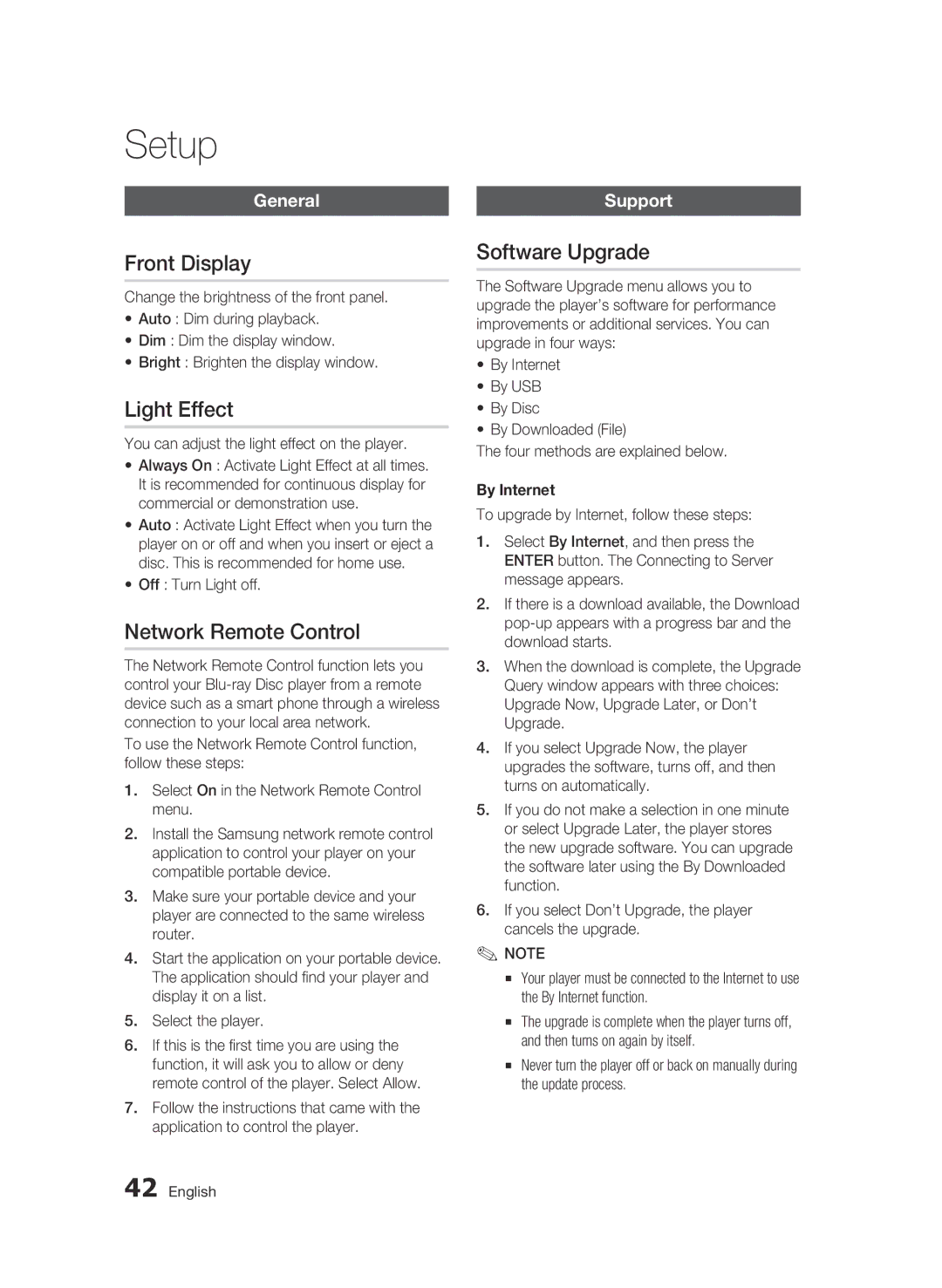 Samsung BD-D6500 user manual Front Display, Light Effect, Network Remote Control, Software Upgrade 