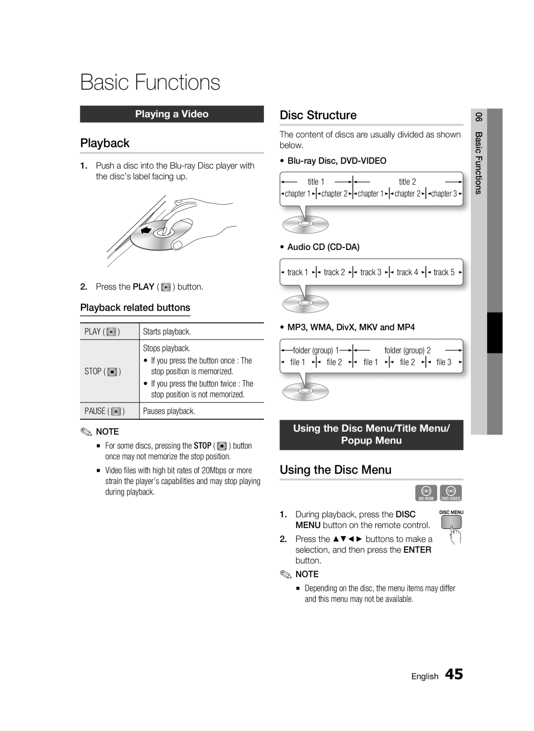 Samsung BD-D6500 user manual Basic Functions, Playback, Disc Structure, Using the Disc Menu 