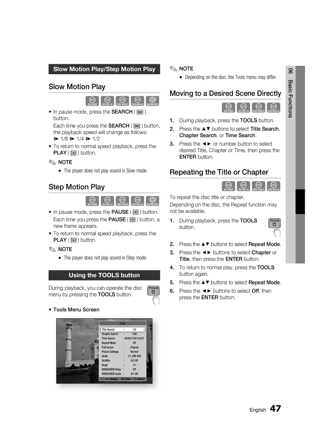 Samsung BD-D6500 Slow Motion Play, Step Motion Play, Moving to a Desired Scene Directly, Repeating the Title or Chapter 