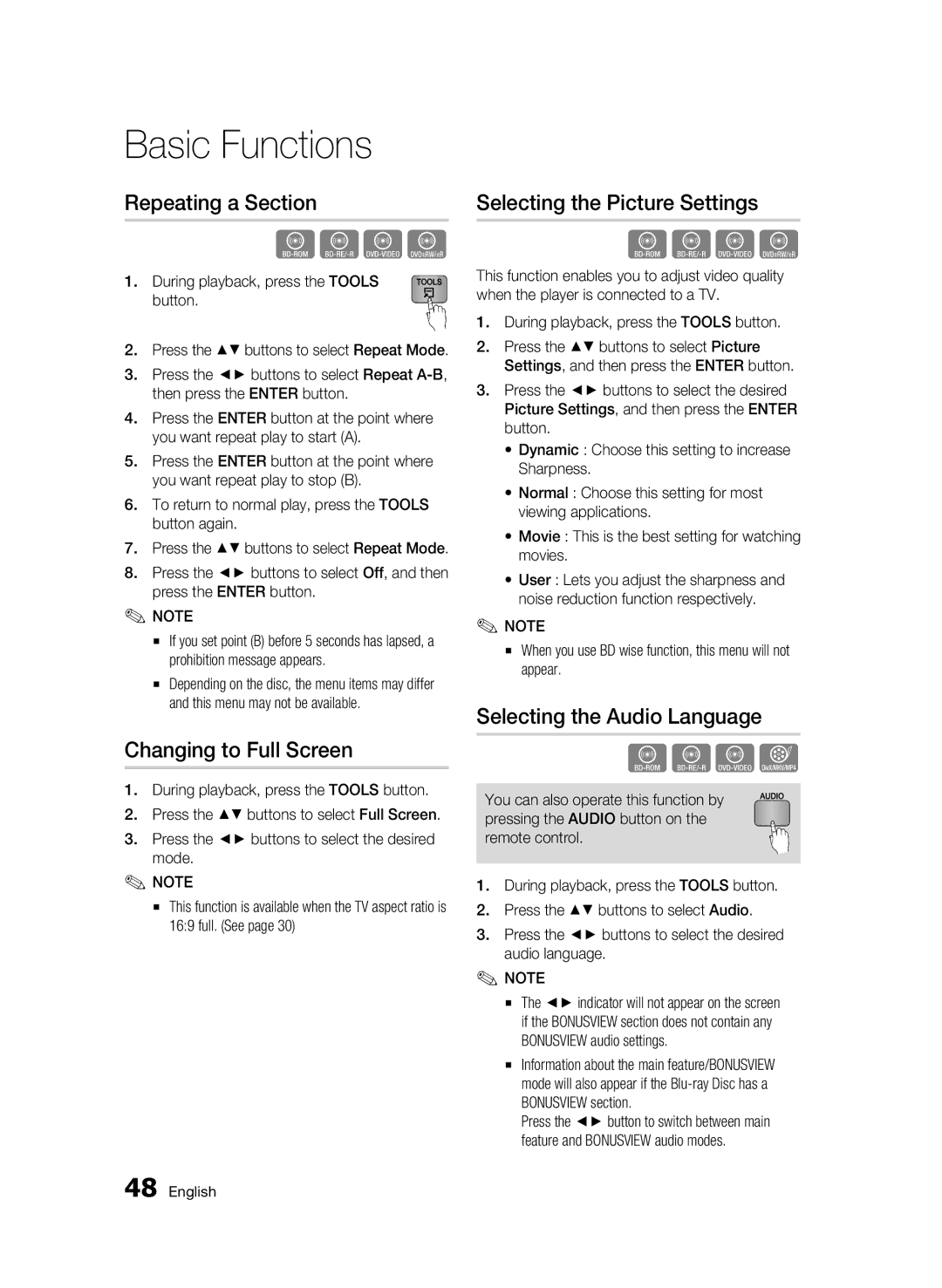 Samsung BD-D6500 user manual Repeating a Section, Changing to Full Screen, Selecting the Picture Settings 