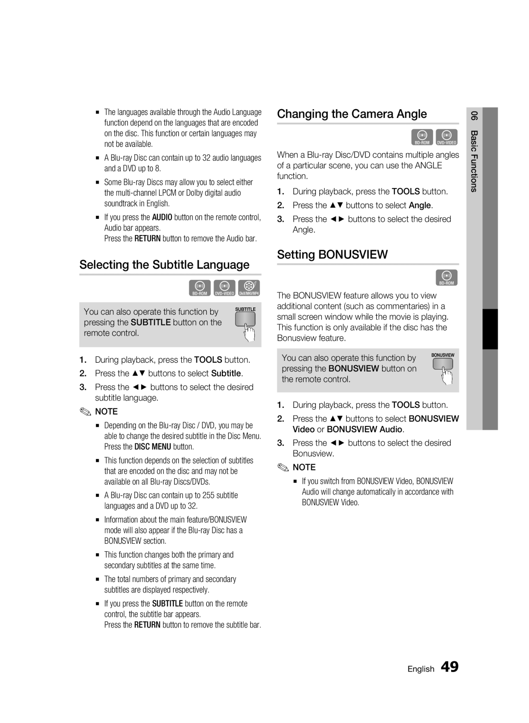 Samsung BD-D6500 user manual Selecting the Subtitle Language, Changing the Camera Angle, Setting Bonusview 