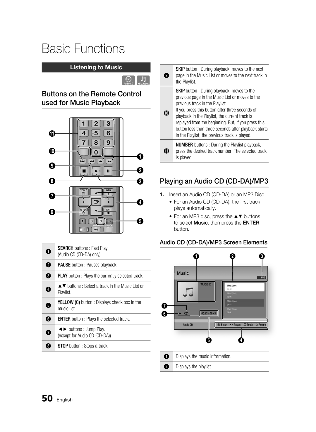 Samsung BD-D6500 Buttons on the Remote Control used for Music Playback, Playing an Audio CD CD-DA/MP3, Listening to Music 