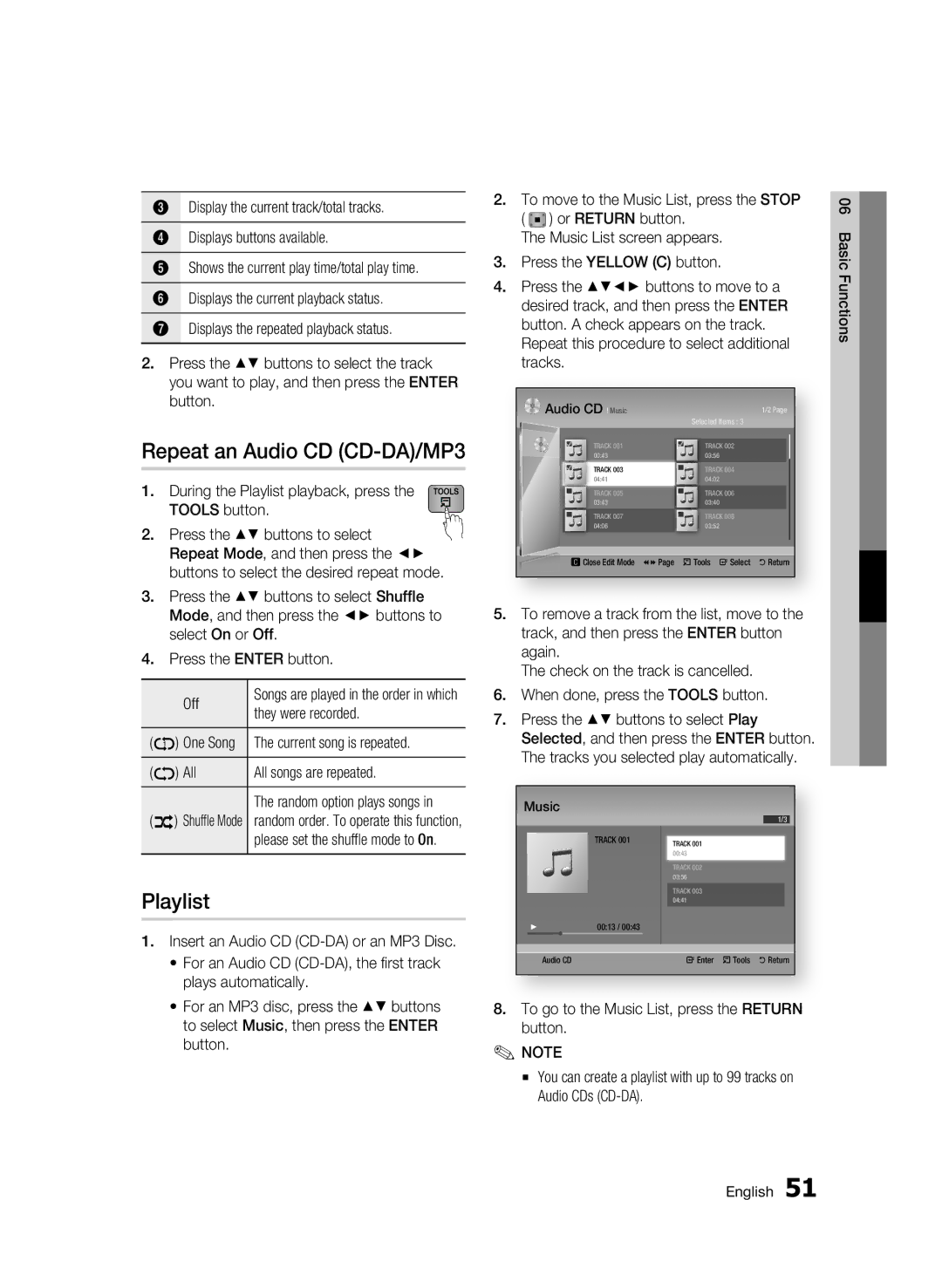 Samsung BD-D6500 user manual Repeat an Audio CD CD-DA/MP3, Playlist 