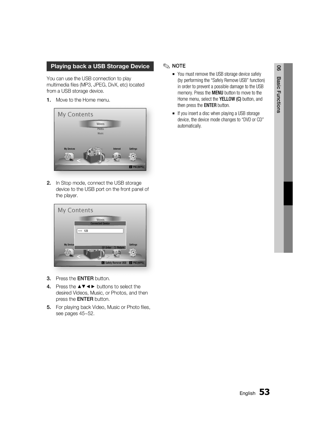 Samsung BD-D6500 user manual Playing back a USB Storage Device 