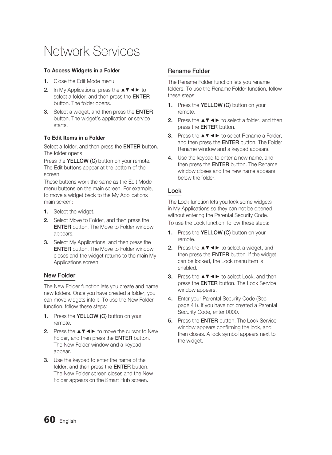 Samsung BD-D6500 user manual New Folder, Rename Folder, Lock, To Access Widgets in a Folder, To Edit Items in a Folder 