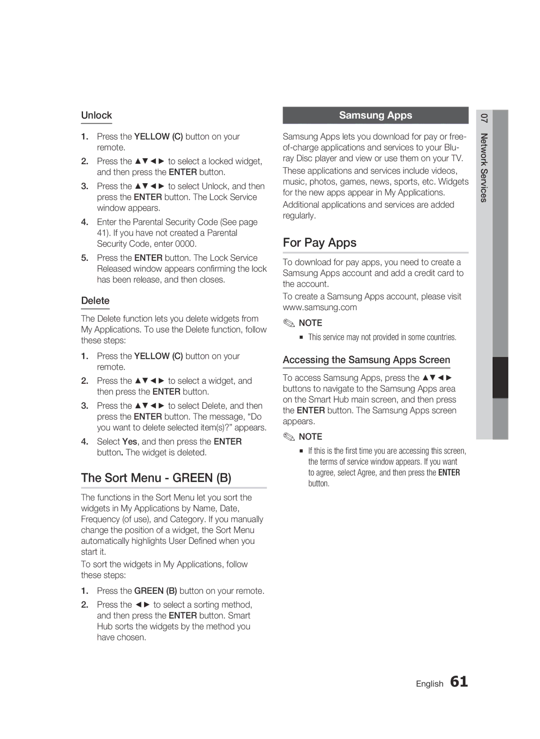 Samsung BD-D6500 user manual Sort Menu Green B, For Pay Apps, Samsung Apps 