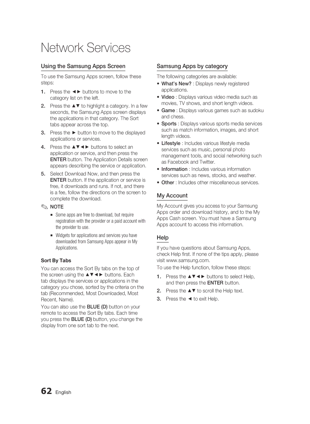 Samsung BD-D6500 user manual Using the Samsung Apps Screen, Samsung Apps by category, My Account, Help, Sort By Tabs 