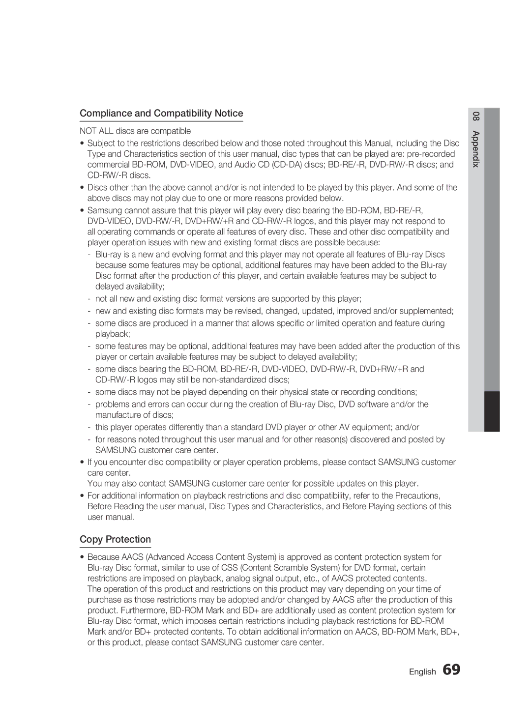 Samsung BD-D6500 user manual Compliance and Compatibility Notice, Copy Protection 