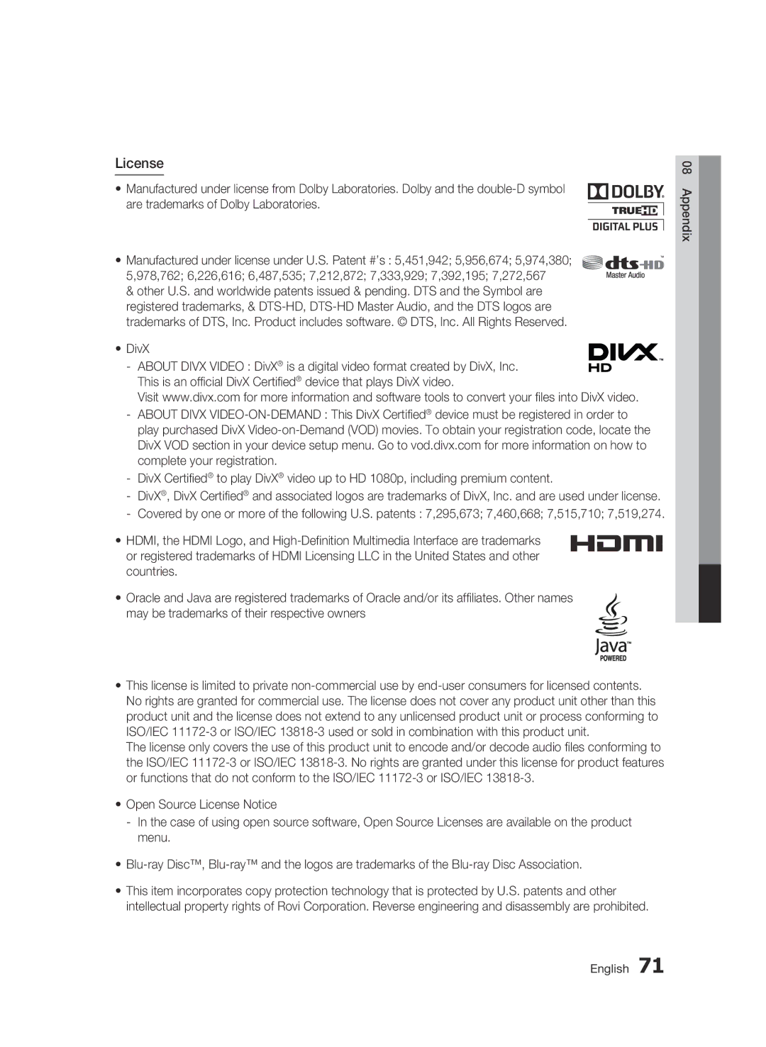 Samsung BD-D6500 user manual License, DivX 