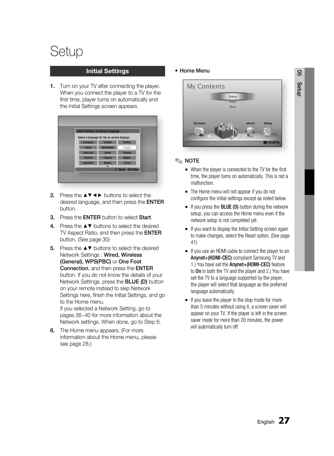Samsung BD-D6500 user manual Setup, My Contents, Initial Settings 
